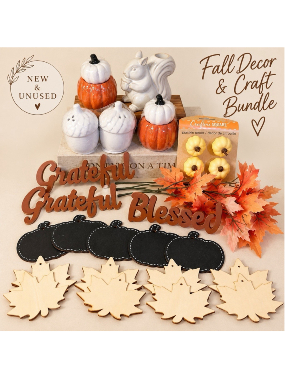 Fall Decor Craft Bundle Pumpkins Maple Leaves Grateful Blessed Ceramic NEW